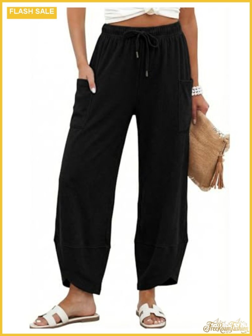 Womens Wide Leg Pants Elastic Waist Baggy Palazzo Harem Pants with Pockets